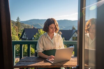 Obraz premium Young woman with short brown hair and glasses is focused on her laptop, sitting at wooden table on balcony with stunning mountain view. High quality photo