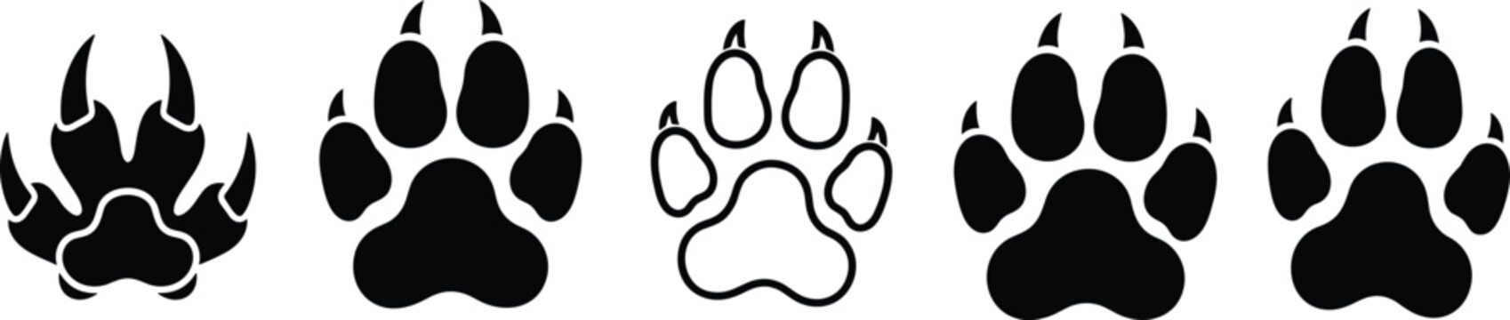 Collection of black paw print icons with claws of predator wolf bear lion wild animal footprint silhouette sign symbol isolated on white background