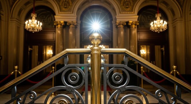 Ornate brass post and iron railing in a grand, brightly lit architectural interior