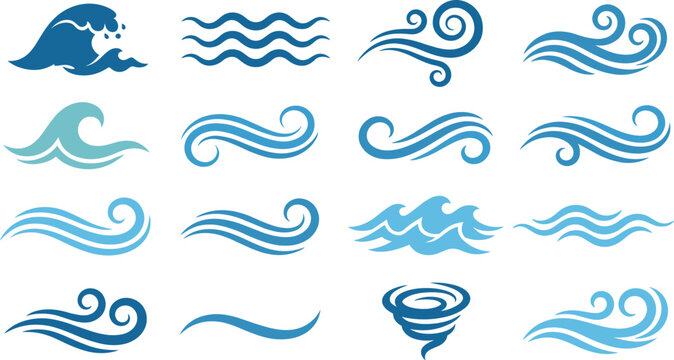 Collection of blue ocean wave icons, sea water splash symbols, curly marine flow elements, nautical wind and storm signs, isolated decorative water ripples.