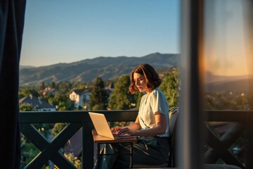 Obraz premium Woman is focused on her laptop, enjoying serene mountain landscape from her balcony as sun sets. High quality photo
