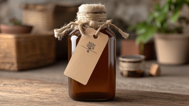 A small, square, amber-colored glass bottle with a label and a string tied around it, placed on a wooden 