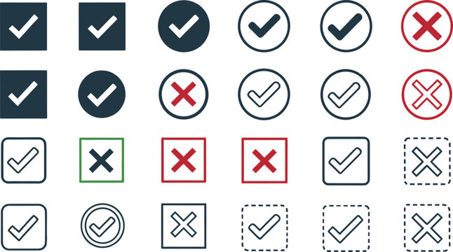 Collection of check marks and cross icons, tick and x symbols for survey vote, right and wrong choices, checkbox interface elements, success failure sign