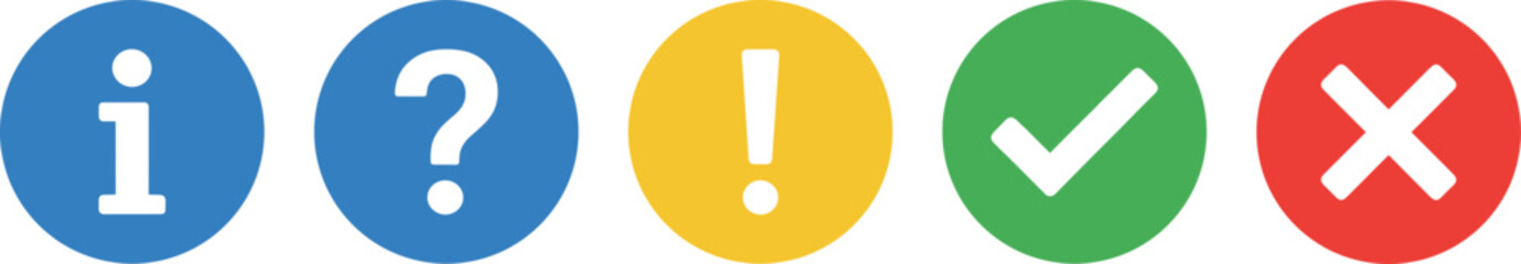 Collection of interface notification icons, status buttons for web UI, checkmark, cross, question, information, alert signs, colored round symbols © MstSumi