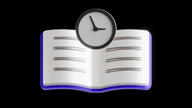 Looping 3D animation of AI study planner featuring open book and rotating clock on transparent background, representing smart learning, time management and modern digital education tools