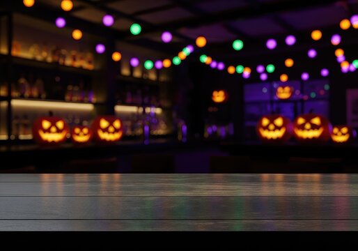 An empty dark wooden tabletop stands before a softly blurred bar interior decorated with spooky pumpkins and festive Halloween lights, glow, empty, wood