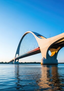An expansive architectural bridge spans across a wide, tranquil river under a blue sky, connecting two distant shores during a clear day, construction, asphalt, infrastructure