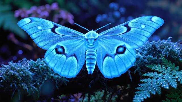 Vibrant blue moth with patterned wings rests on mossy branch