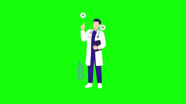 Flat vector doctor character pointing on green screen. 4K Video