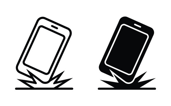 Smartphone falling impact icon illustration, mobile phone dropping with ground hit effect lines, device damage risk concept, black and white minimal symbol of falling technology object, communication 