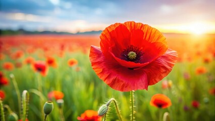 A majestic red poppy flower blooming in a field on Victory in Europe Day, symbolizing remembrance and respect for fallen soldiers, remembrance, red poppy