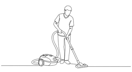 Person vacuum cleaning floor with canister vacuum cleaner line art vector illustration isolated on white background for housekeeping, hygiene, and home maintenance concepts © MdMonsur