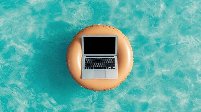 Modern laptop rests on orange inflatable ring, floating serenely in clear blue water of swimming pool. High quality photo