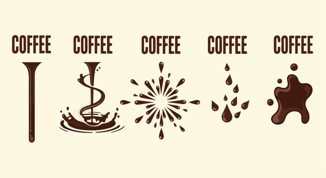 Coffee splash and liquid drip vector set, brown espresso stains and splatters, dark caffeine beverage droplets for cafe branding and menu design
