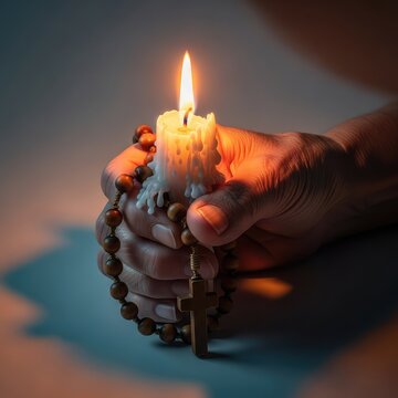 Close up of a wrinkled hand holding a burning candle and wooden rosary beads with a cross. Warm light creates a spiritual, serene glow, skin, divine, faith