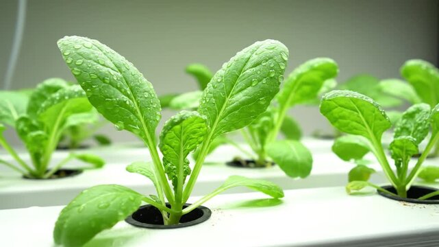 Vibrant Green Leaves in Hydroponic System with Water Droplets Showcasing Modern Agricultural Technology for Sustainable Farming