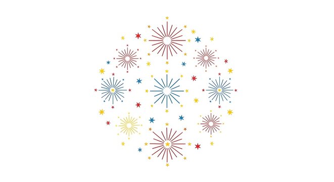 Colorful fireworks exploding in circular pattern on white background for celebration