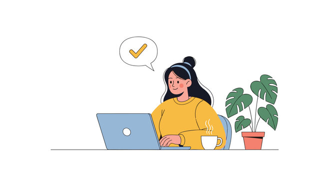Young woman using a laptop at her desk with a coffee cup and plant while a speech bubble with a checkmark indicates a task finished.