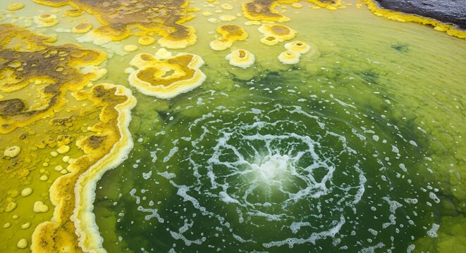 Aerial view of colorful geothermal pool with yellow sulfur deposits and bubbling green mineral water.