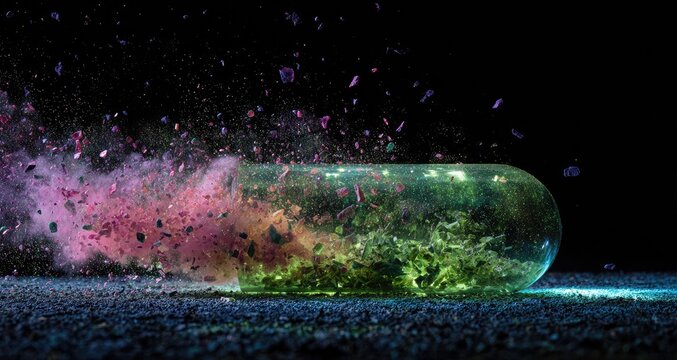Exploding capsule releases colorful particles and green contents