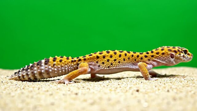 Vibrant Leopard Gecko Crawling on Sandy Surface with Bright Green Background