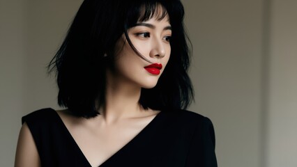 Fototapeta premium Elegance in the Gaze: Captivating portrait of a woman radiating poise, adorned in a sophisticated black dress, with a touch of red lipstick adding a bold flair. 