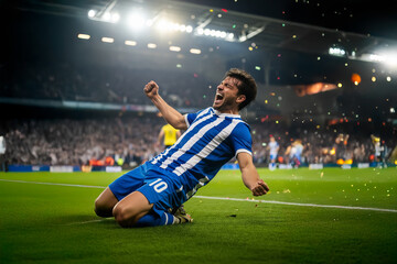 Obraz premium Soccer Player Celebrating on Knees in Blue Jersey