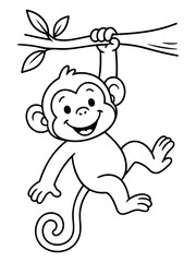 Obraz premium Happy Monkey on a Tree Branch: A charming illustration of a cheerful monkey hanging from a tree branch. Its playful smile and relaxed posture radiate joy and lightheartedness.