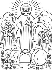 Obraz premium Resurrection depiction: a depiction of rebirth, featuring a central figure in a radiant aura, with angelic figures, against the backdrop of an open tomb, symbolizing hope and divine intervention.