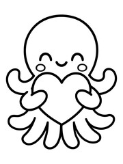 Naklejka premium Cute Octopus Holding Heart: An adorable cartoon octopus, its eight tentacles gently cradling a heart, emanates joy and affection. perfect for expressing sentiments of love and endearment