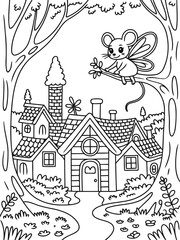 Fototapeta premium Enchanting Mouse House: Whimsical illustration of a tiny mouse perched on a branch, observing a magical house in a fantastical forest, inviting imagination and wonder.