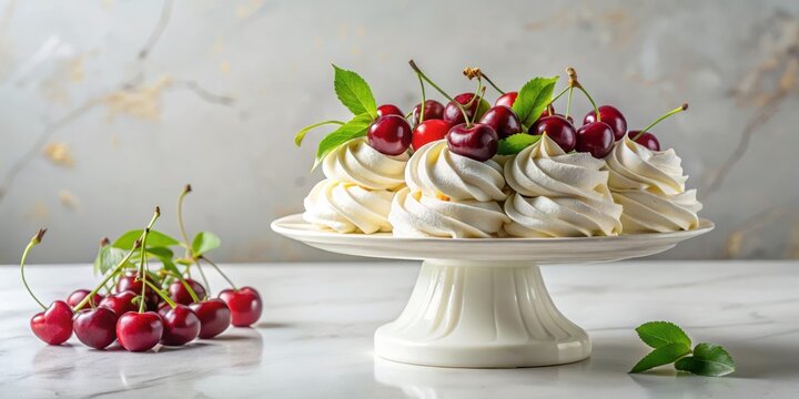 Delicate meringue pavlova on a pedestal made of white marble, surrounded by fresh cherries and leaves, white, cake,  white