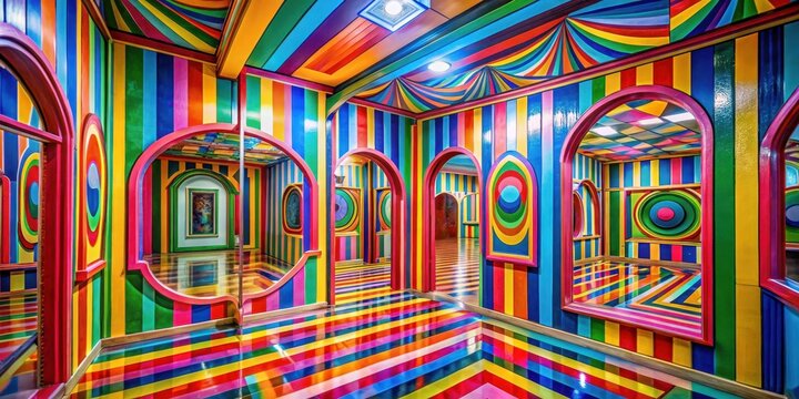 Distorted mirror funhouse in vibrant colors, reflections, playful optical illusions