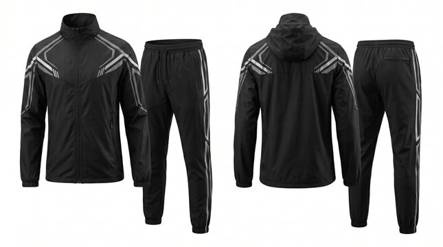 Four views of a black athletic tracksuit with white stripes on a