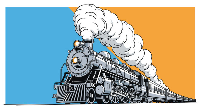 Classic vintage steam locomotive train traveling on tracks with clouds of thick smoke blowing against a blue and orange sky background.