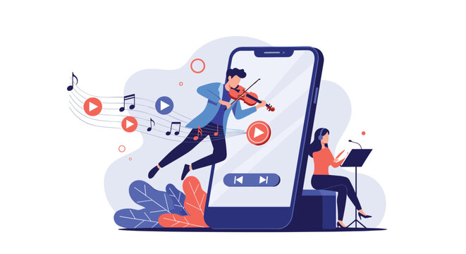 Creative concept for digital music streaming with a violinist playing on a smartphone screen and a listener enjoying the music.