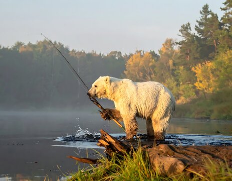 A polar bear holding a fishing rod on a log
