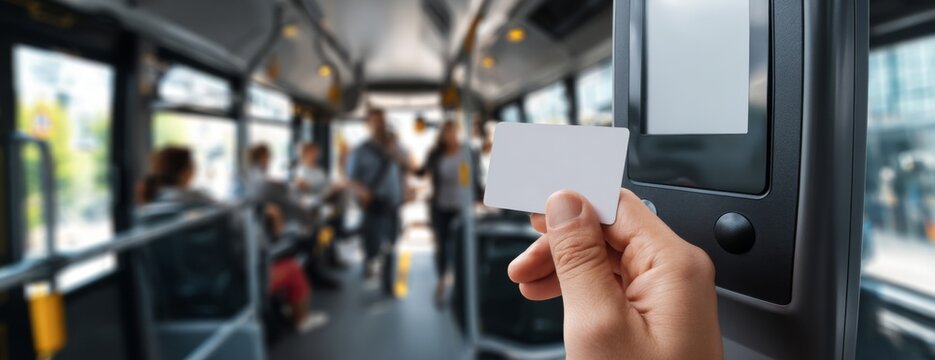 Person paying for bus fare with card at validator inside bus  