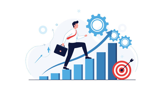 Motivated businessman walking up a rising bar graph towards a target with gears spinning above representing business growth and efficiency.