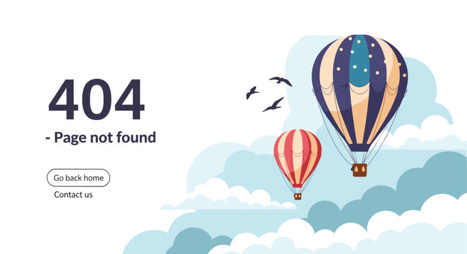 Creative 404 error page design showing page not found message with hot air balloons floating in a cloudy sky for website maintenance.