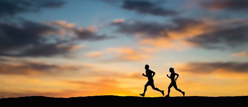 Silhouettes of a couple jogging at sunset, representing fitness, endurance, and healthy lifestyle in an outdoor setting