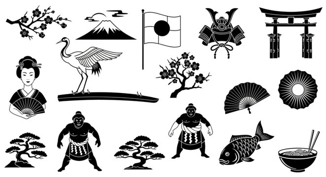 Japanese culture icons set black silhouette collection with traditional symbols and objects vector style