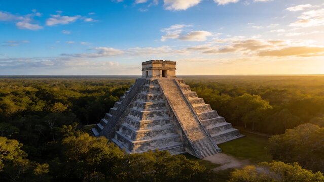 Ancient pyramid in jungle at sunset