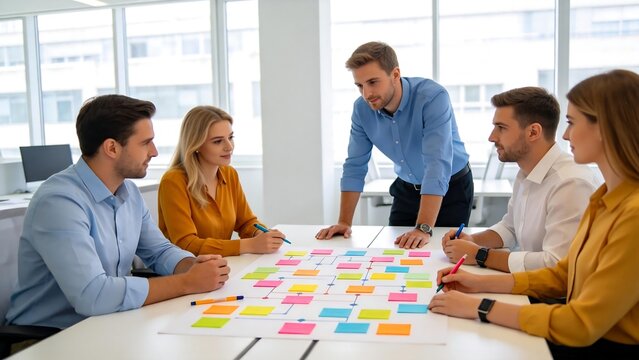 Business team in meeting with sticky notes