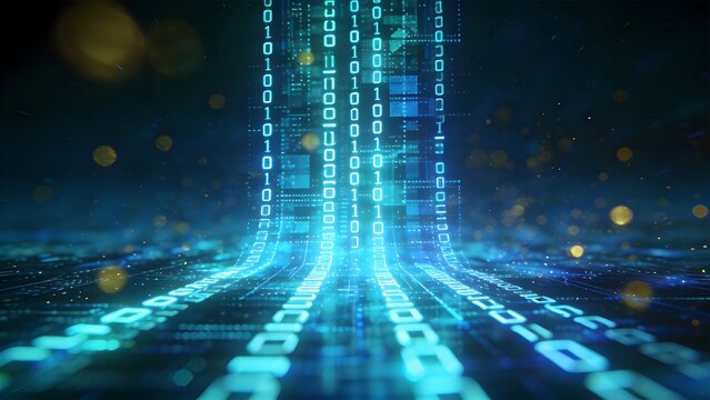 Digital binary code streams in blue