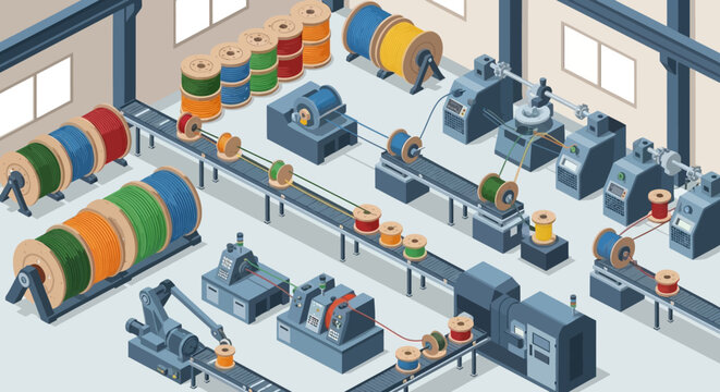 Isometric illustration of a modern cable and wire manufacturing facility factory floor.