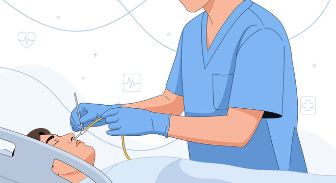 Nurse Performs Nasogastric Tube Insertion on Patient in Hospital Bed