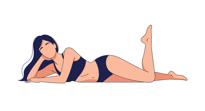 Beautiful woman with long dark hair lying on her stomach in dark blue swimwear in a relaxed and confident pose.
