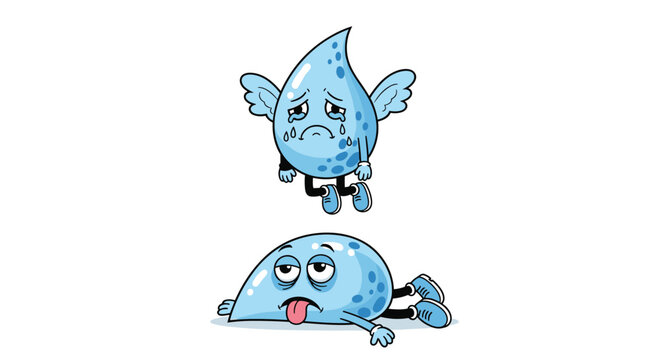 Humorous illustration of two water drop characters with one crying with wings and the other exhausted lying on the ground.