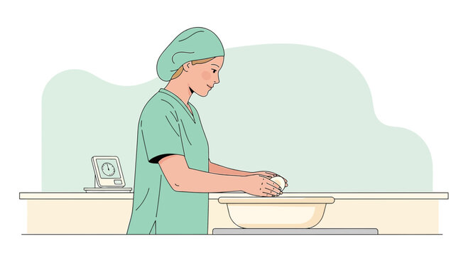 Nurse preparing medical supplies, weighing ingredients in a bowl, with ICU monitoring equipment